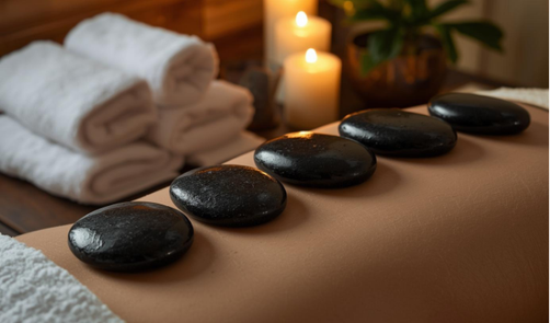 Hot-Stone-Steine und Kerzen für eine entspannende Massageatmosphäre