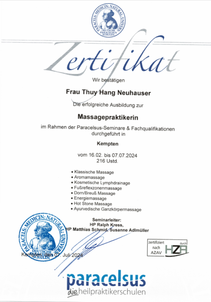 Nachweis einer Massage-Fortbildung von Thuy Hang Neuhauser