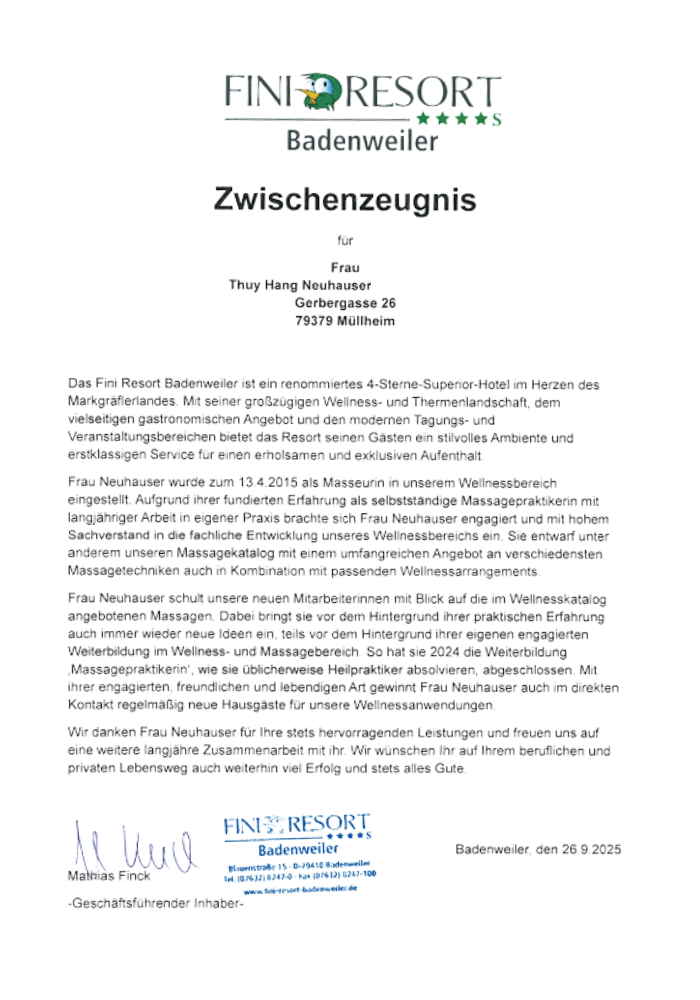 Zertifikat zur traditionellen Thaimassage von Thuy Hang Neuhauser