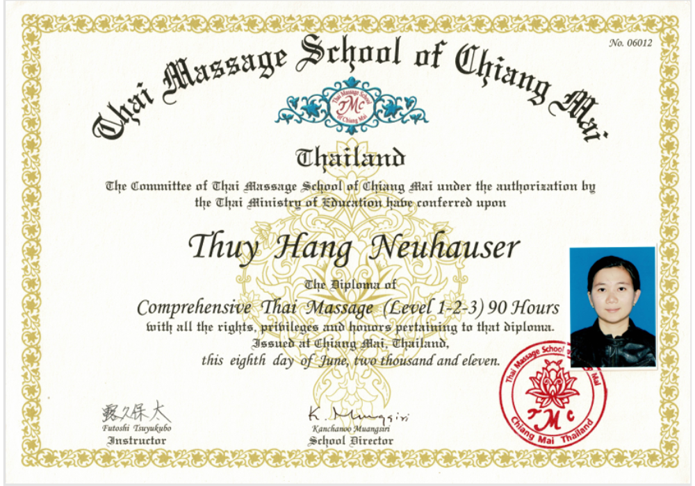 Zertifikat für eine Massage-Ausbildung von Thuy Hang Neuhauser