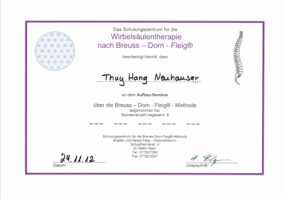 Weiterbildungszertifikat von Thuy Hang Neuhauser im Bereich Massage