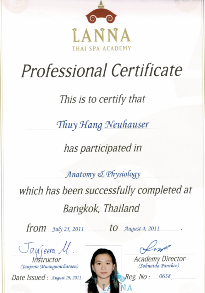 Zertifikat einer Massage-Weiterbildung von Thuy Hang Neuhauser